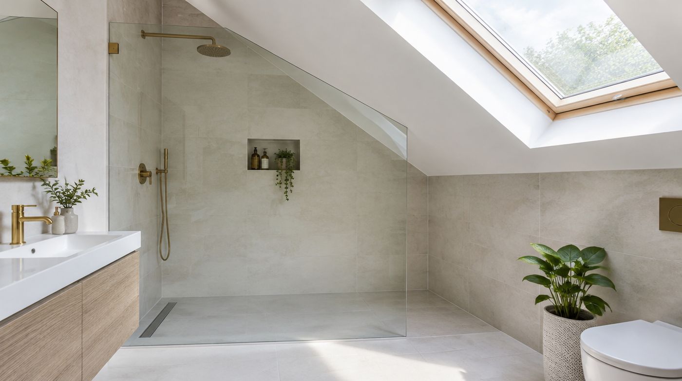 A frameless shower screen cut to follow the slope of a loft bathroom ceiling
