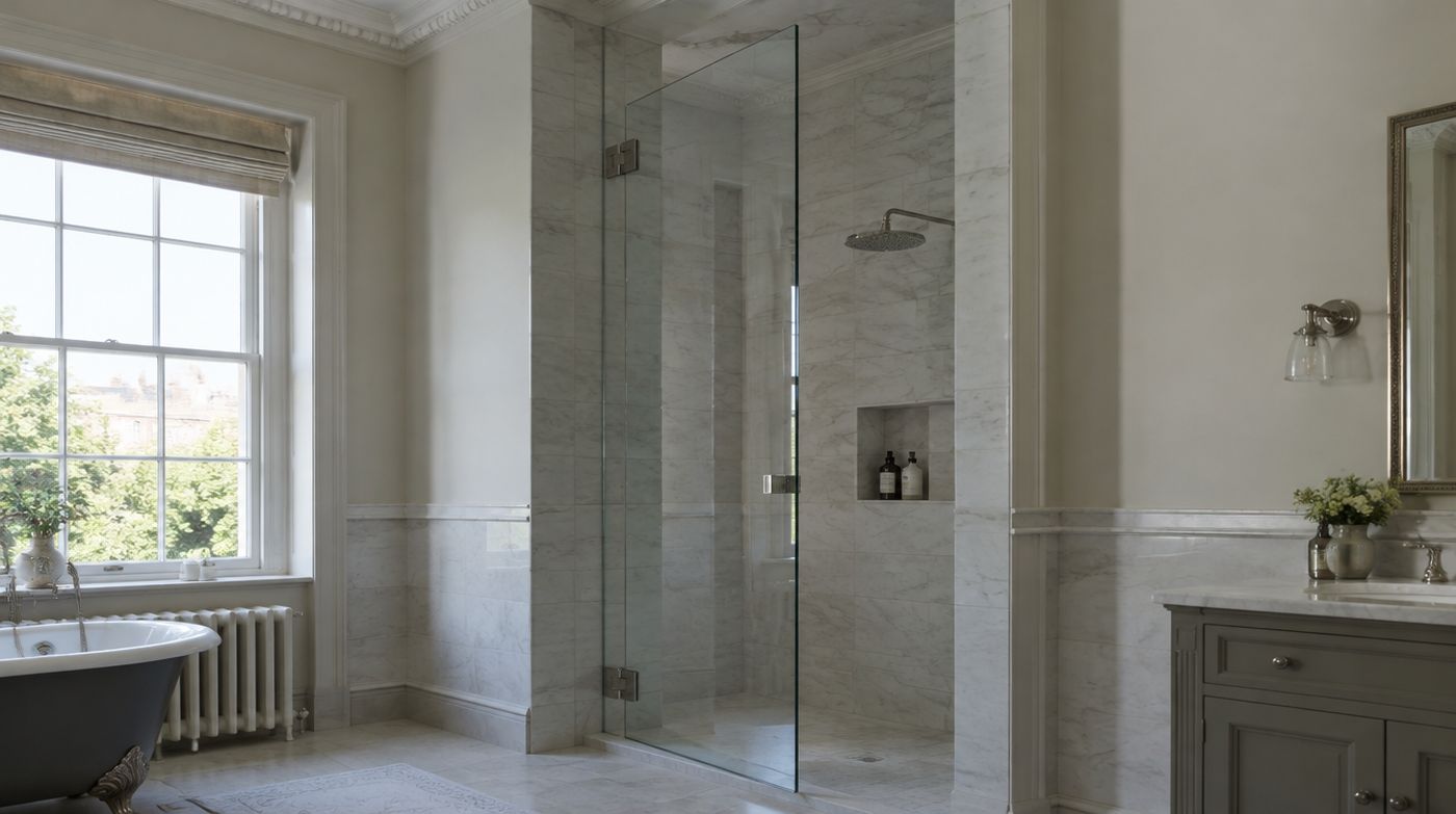 An unusually tall frameless shower door on heavy duty hinges in a high ceilinged bathroom