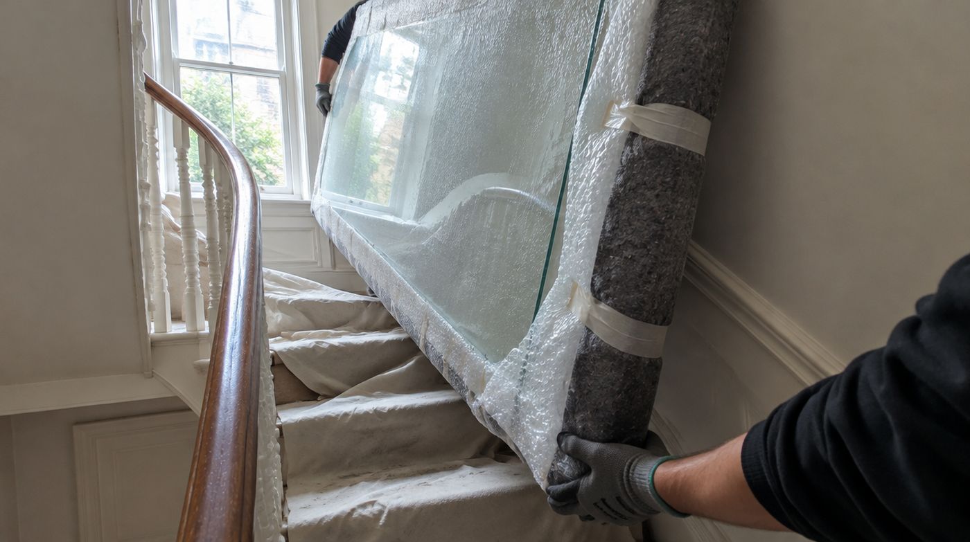 A padded glass shower panel being carried up a narrow Victorian staircase with a tight turn