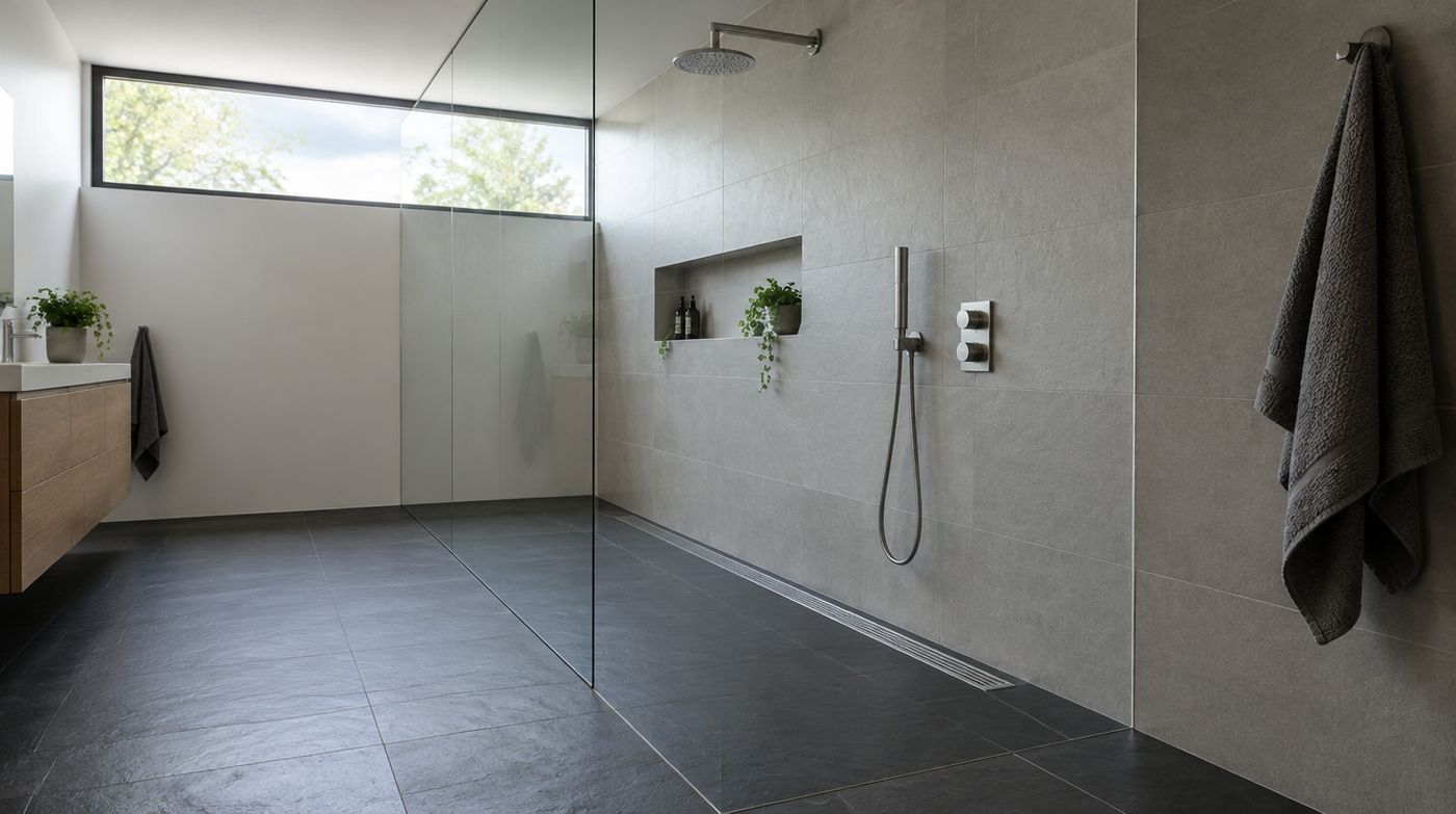 A wet room with a very long full height glass screen fixed at the ceiling