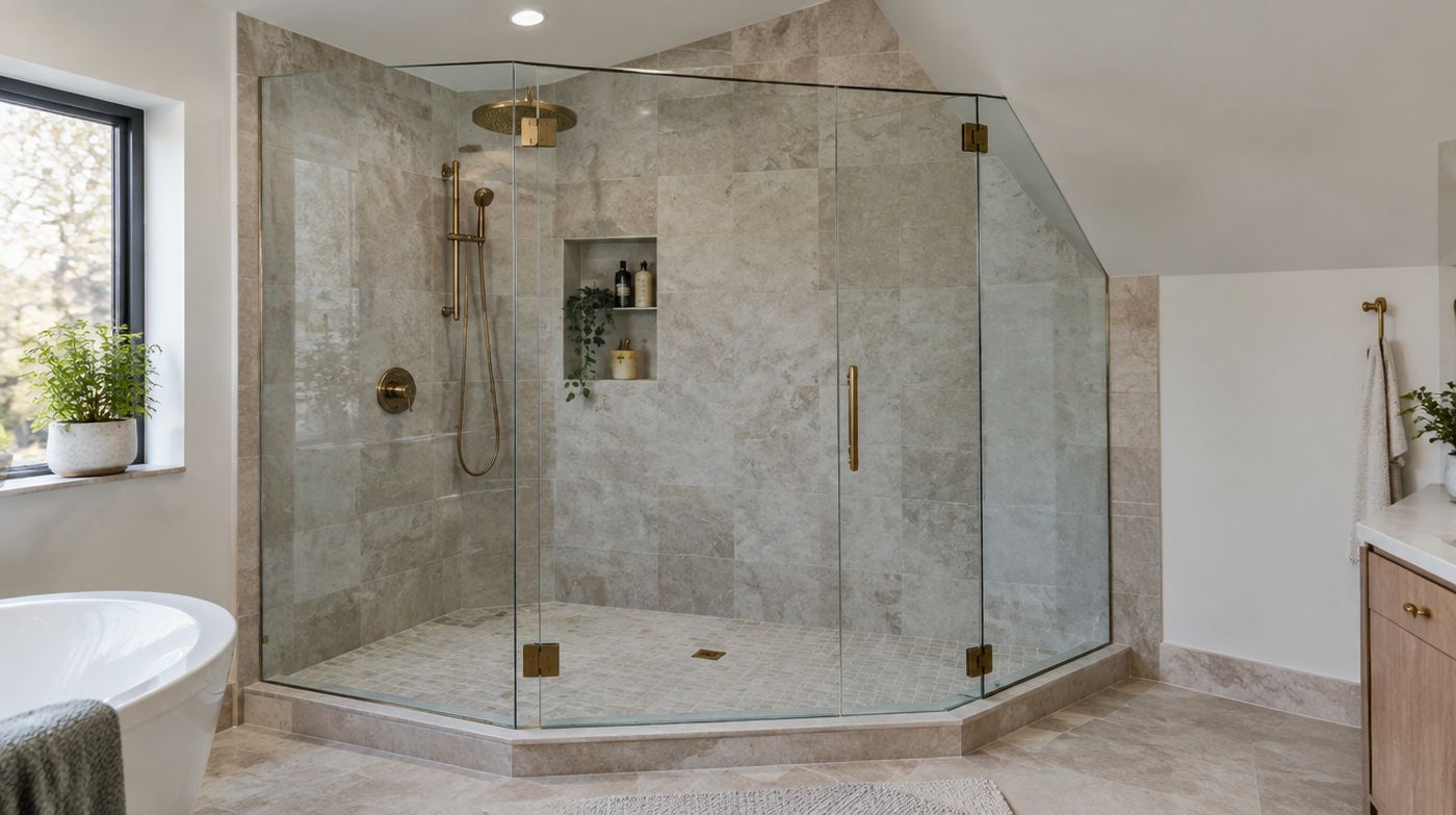A custom glass shower enclosure with three panels meeting at corners that are not right angles
