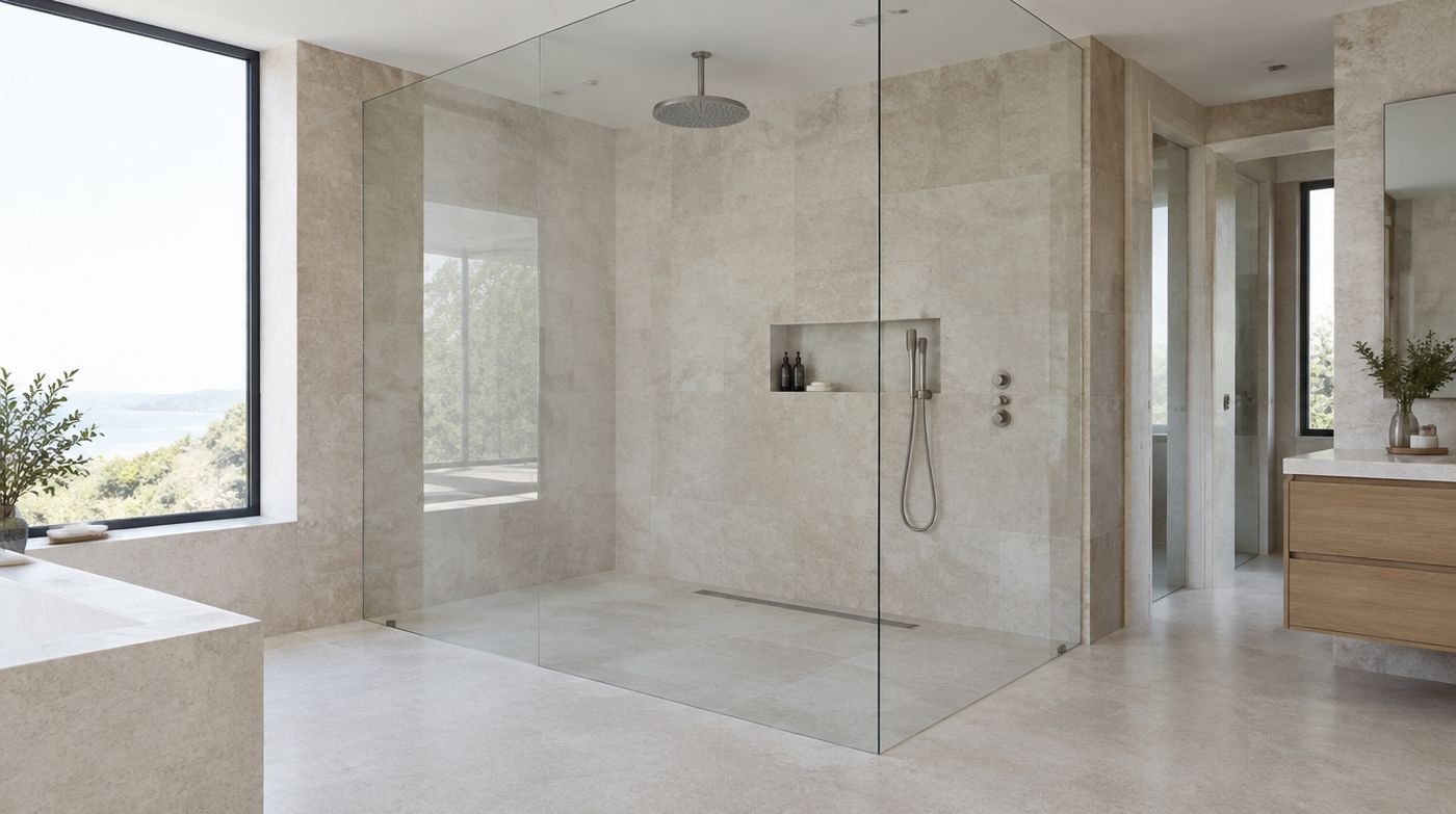 A completely frameless shower enclosure with thick panels joined by clear silicone and minimal clamps