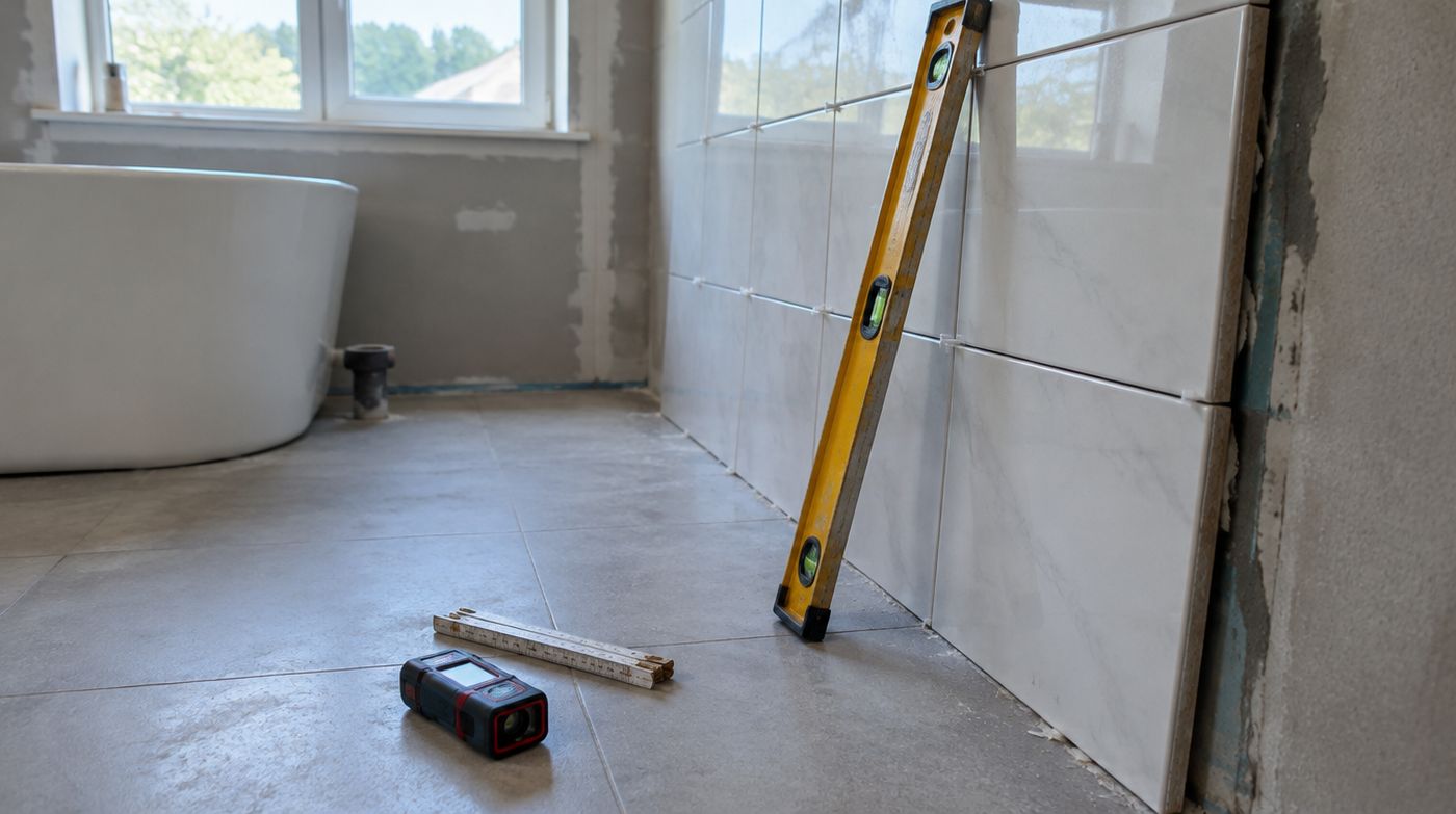 A laser measure and spirit level against a part-tiled bathroom wall that is visibly out of plumb