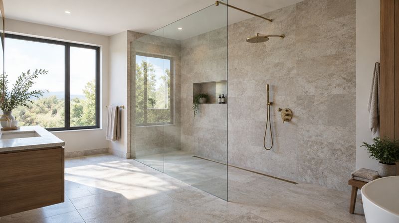 An oversized walk-in shower panel with a slim bracing bar running back to the ceiling