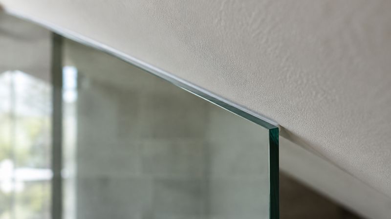 Close detail of the raked top edge of a glass panel meeting a sloping ceiling