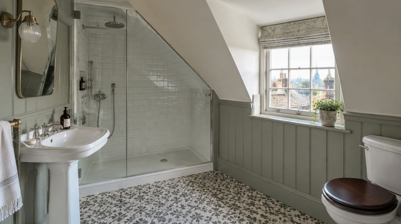 A period attic bathroom with sloping ceilings and a screen fitted to the awkward space