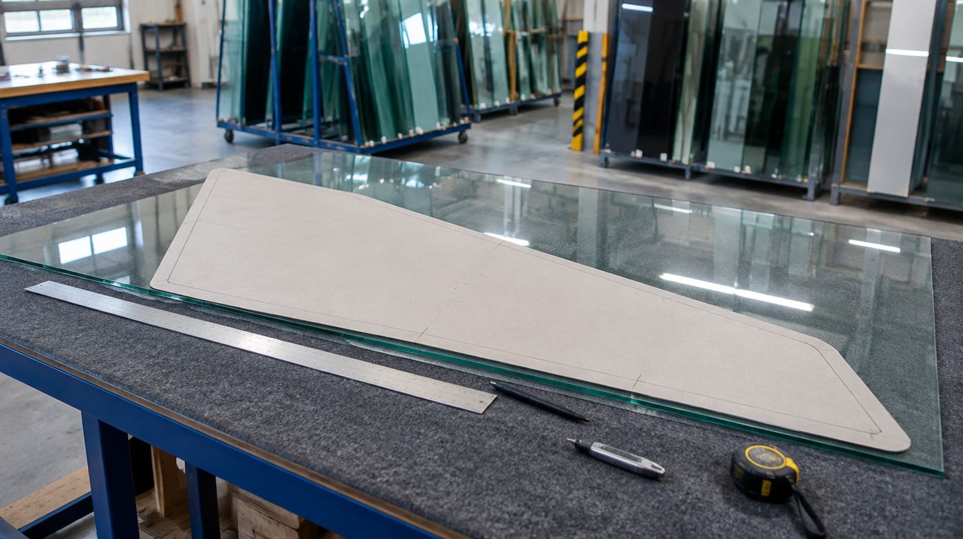 A card template of a raked panel laid on a sheet of glass on a workshop bench